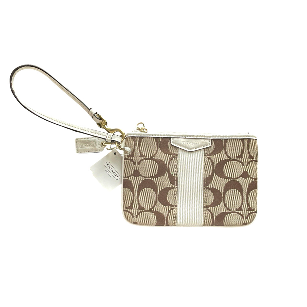 COACH F51158 Khaki/Ivory Signature C Canvas Leather Trim NEW Wristlet Hang Tag